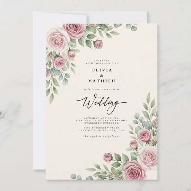 Mauve Rosa Elegant Watercolor Bröllop Inbjudningar (Framsida)