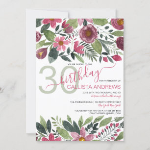 Mauve Rosa Forest Watercolor Blommigt Löv Birthday Inbjudningar