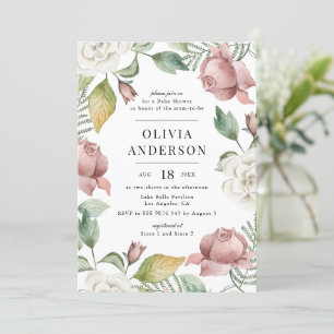 Mauve Rosa och Vit ros Blommigt Baby Shower Inbjudningar