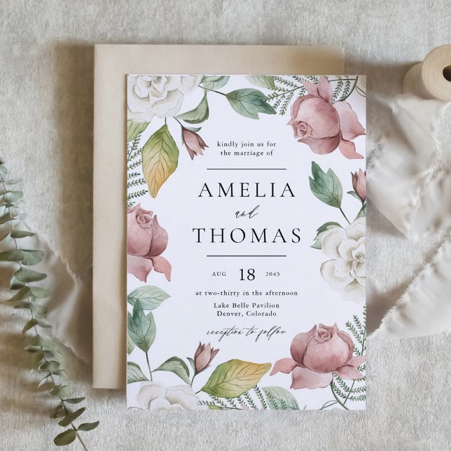 Mauve Rosa och Vit ros Blommigt Wandan Bröllop Inbjudningar (Mauve Pink and White Roses Floral Wreath Wedding Invitation)