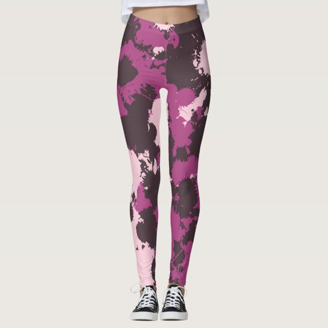 Mauve Rosa Paint Splatter Camo Leggings (Framsida)
