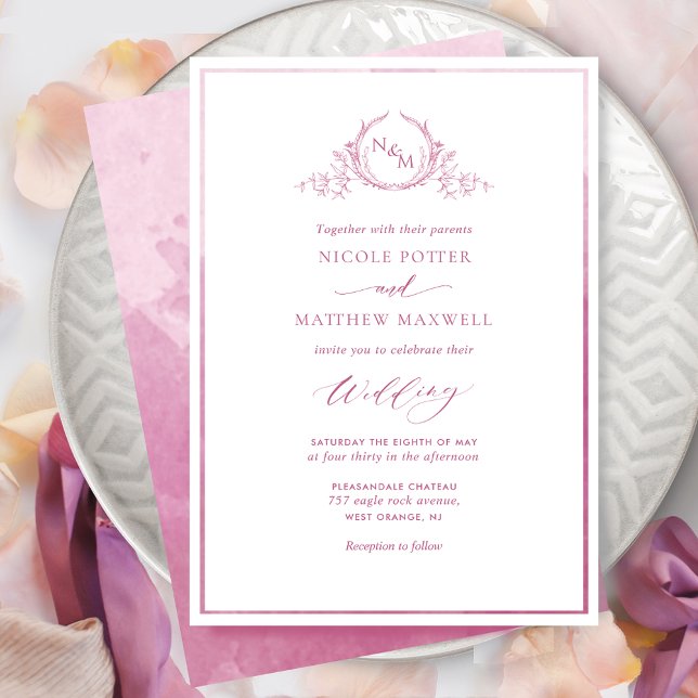 Mauve Rosa Watercolor Elegant Monogram Bröllop Inbjudningar (Skapare uppladdad)