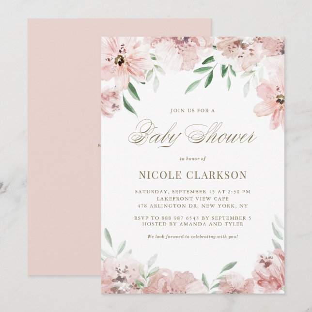 Mauve  Rosa Watercolor Flowers Baby Shower Inbjudningar (Fram/baksida)