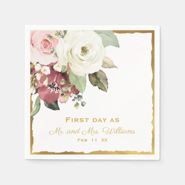 Mauve Rosa White Blommigt 1:a dagen som Bröllop Pappersservett (Framsidan)