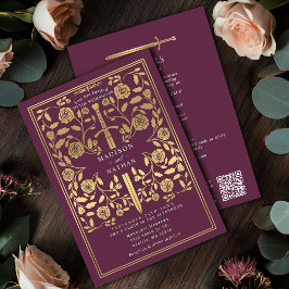 Mauve Royal Medieval Gold Sword Wedding QR Code Inbjudningar