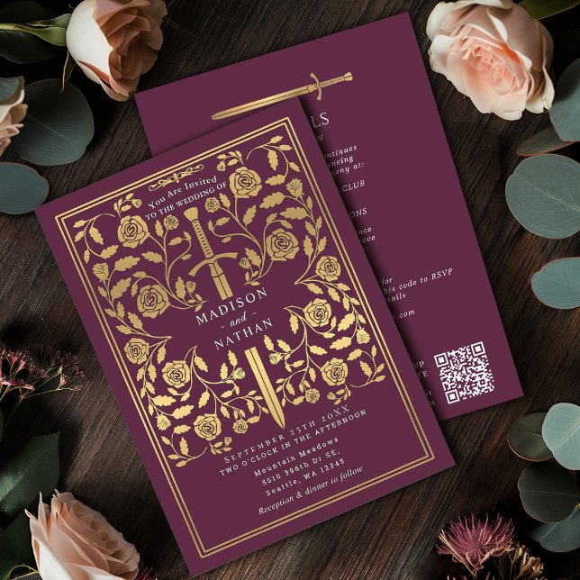 Mauve Royal Medieval Gold Sword Wedding QR Code Inbjudningar (Skapare uppladdad)