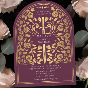 Mauve Royal Medieval Guld Sword Bröllop Arch Inbjudningar