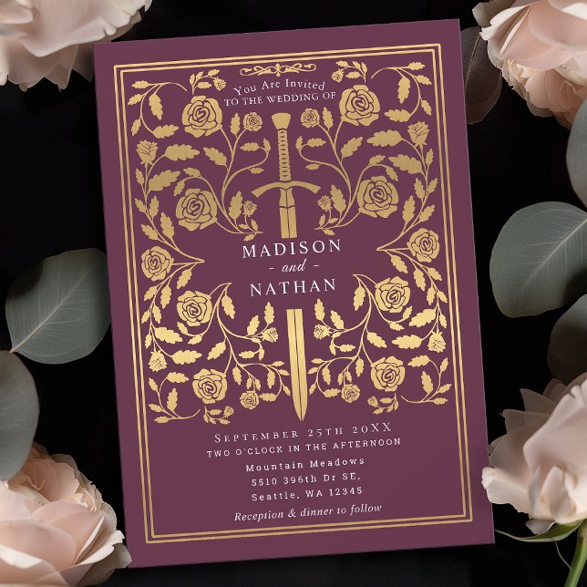 Mauve Royal Medieval Guld Sword Wedding bjudande i Inbjudningar (Skapare uppladdad)