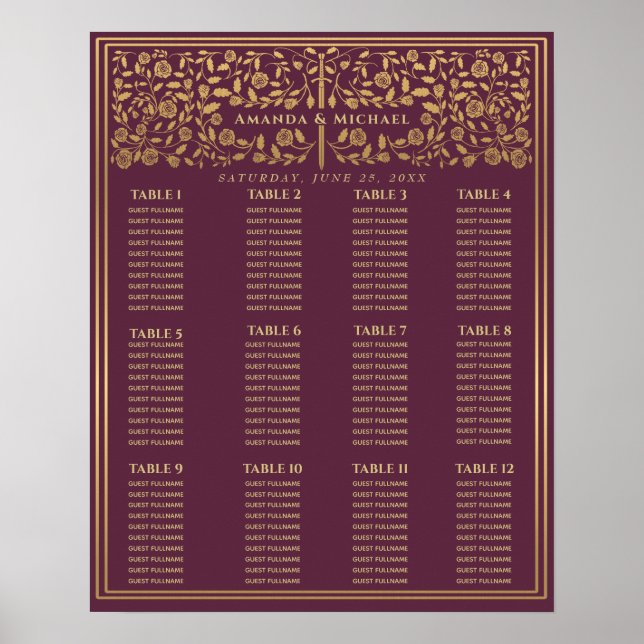 Mauve Royal Medieval Sword Bröllop Seating Chart Poster (Framsidan)