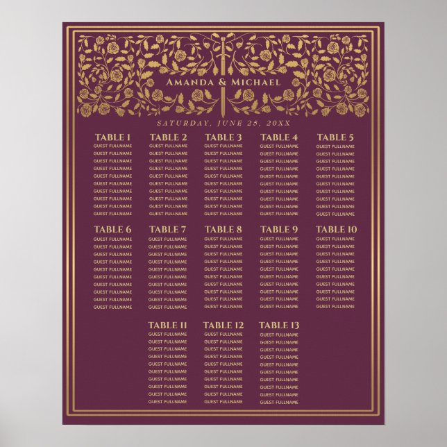 Mauve Royal Medieval Sword Bröllop Seating Chart Poster (Framsidan)