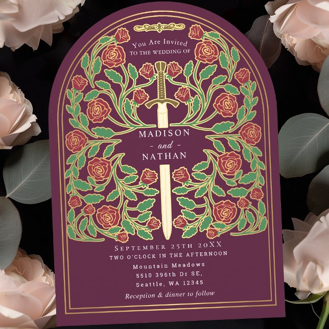 Mauve Royal Medieval Sword Wedding Arch Inbjudningar (Skapare uppladdad)