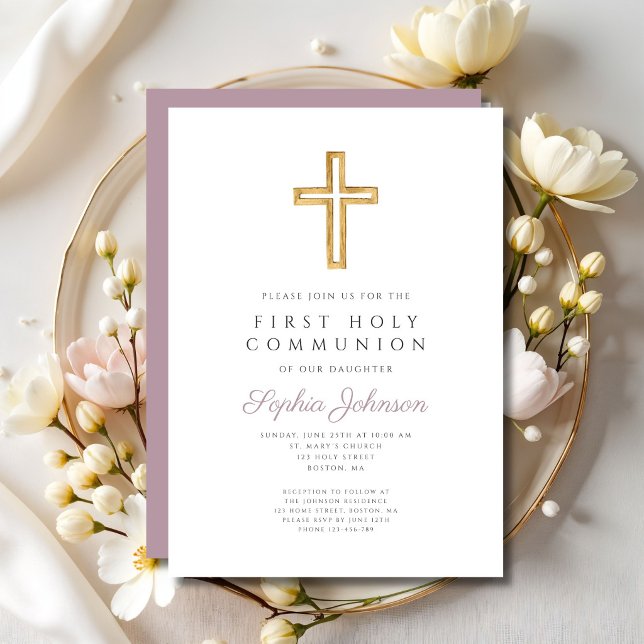 Mauve Script Religious Cross Boy First Communion Inbjudningar (Mauve Script Religious Cross Boy First Communion Invitation)
