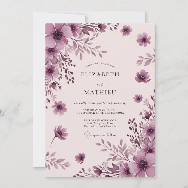 Mauve Seren Watercolor Bröllop Inbjudningar (Framsida)