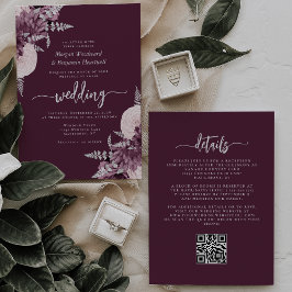 Mauve Silver Blommig QR-kod Bröllop Inbjudningar