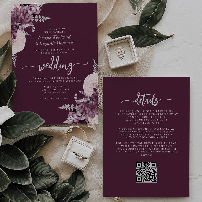 Mauve Silver Blommigt QR-koden Bröllop Inbjudningar (Skapare uppladdad)