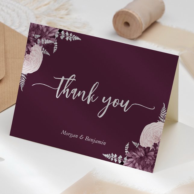 Mauve Silver Floral Script Wedding Tack Kort (Skapare uppladdad)