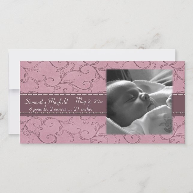 Mauve Swirl Girl Announcement Photo Card Meddelande (Framsida)