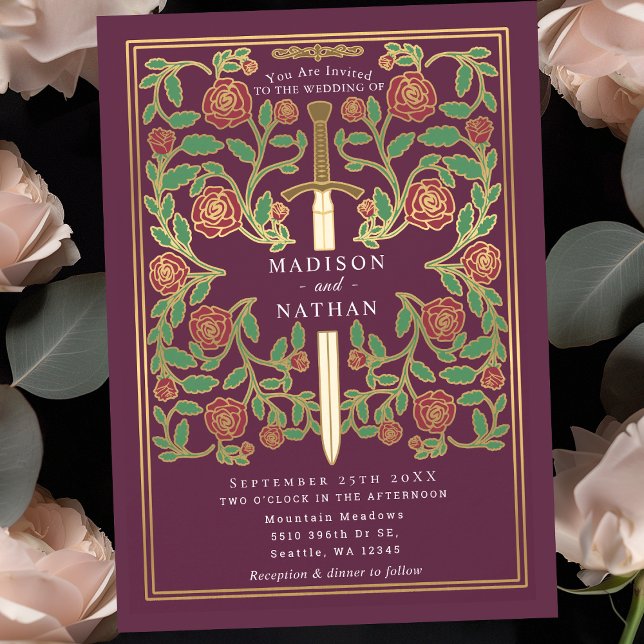 Mauve Sword Floral Medieval Fantasy Wedding  Inbjudningar (Skapare uppladdad)