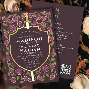 Mauve Sword Shield Fantasy Bröllop QR-kod Inbjudningar