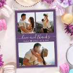 Mauve Tack 3 Photo Collage Bröllop Tack Vykort<br><div class="desc">Budget Snyggt Elegant Minimalist Mauve Lila färg Hand Lettering av skript 3 Photo Collage Bröllop Tack Postard. Snyggt bröllop tackar dig för en kortmall med tre (3) foto på framsidan och ett (1) foto på baksidan. Med texten "Kärlek och tack" i ett snabbt och välskrivet calligrafi- eller typografskriptteckensnitt med vit...</div>
