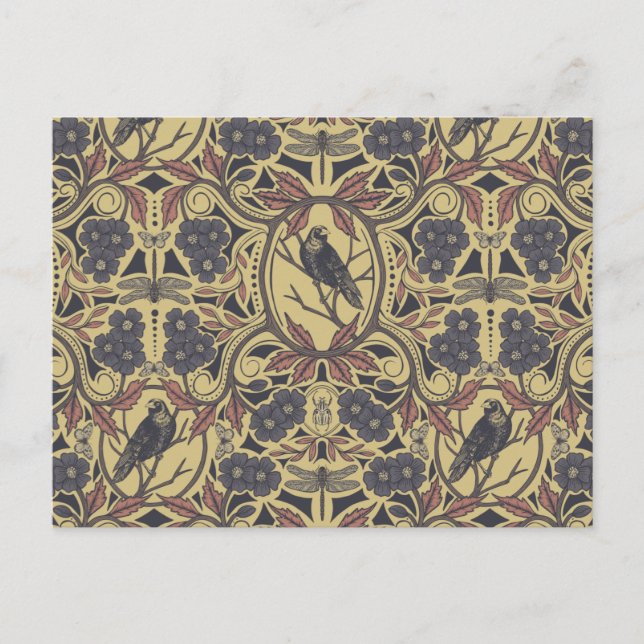 Mauve, Tan & Grått Kråka & Dragonfly Blommigt Vykort (Framsida)