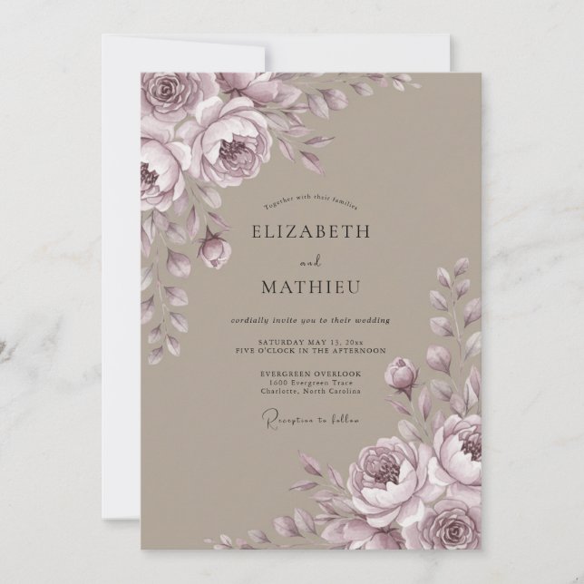 Mauve Taupe Peony Bröllop Inbjudningar (Framsida)