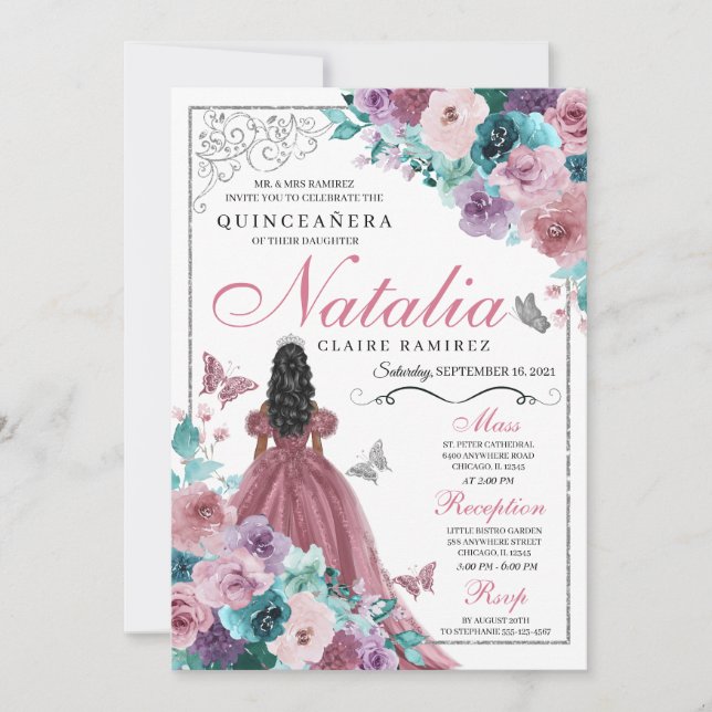 Mauve & Teal Ocean Sunset Princess Quinceanera Inbjudningar (Framsida)
