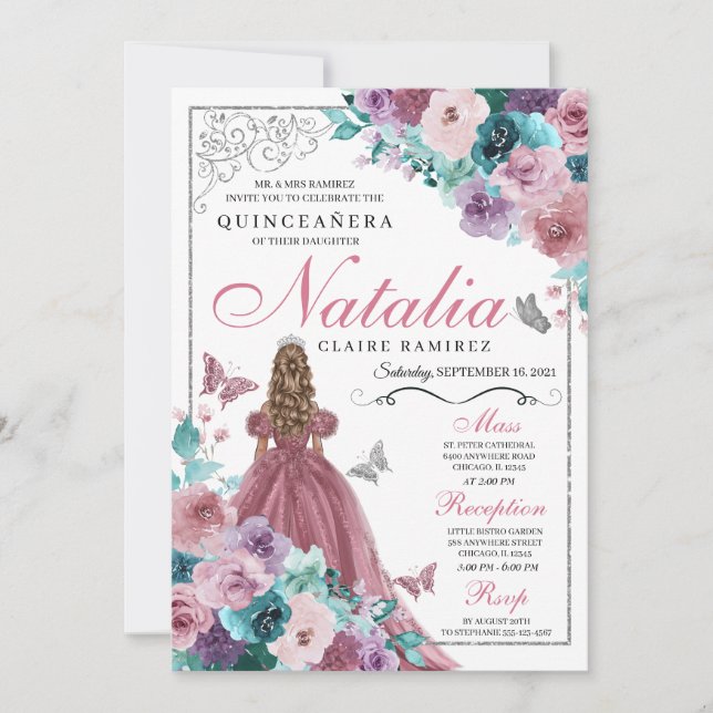 Mauve & Teal Ocean Sunset Princess Quinceanera Inbjudningar (Framsida)