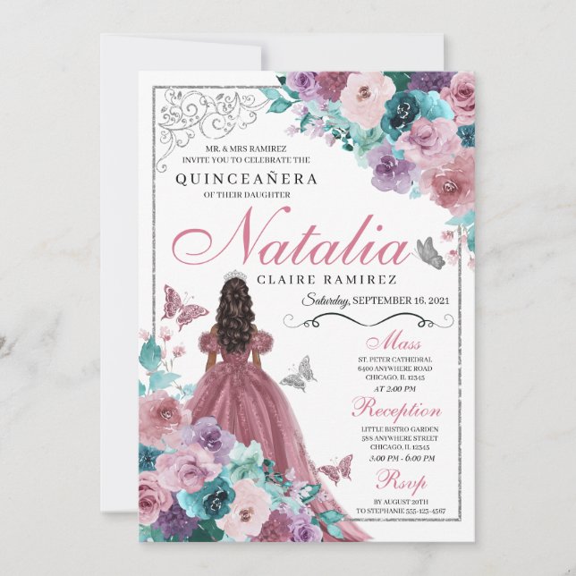 Mauve & Teal Ocean Sunset Princess Quinceanera Inbjudningar (Framsida)