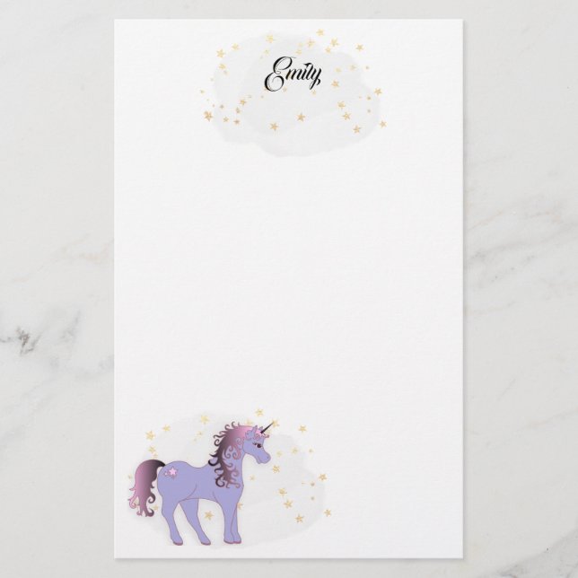 Mauve Unicorn och Guld Stars Brevpapper (Framsida)