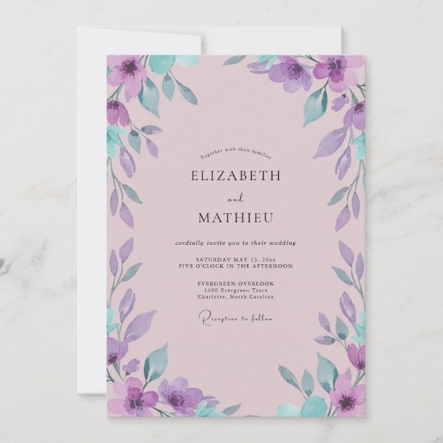 Mauve Violett Blommigt Bröllop Inbjudningar (Framsida)
