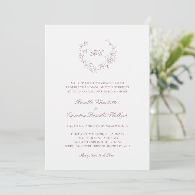 Mauve Wandan Monogram Elegant bröllop Inbjudningar (Stående Fram)
