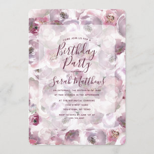 Mauve Watercolor Blommigt Födelsedagsfest inbjudan