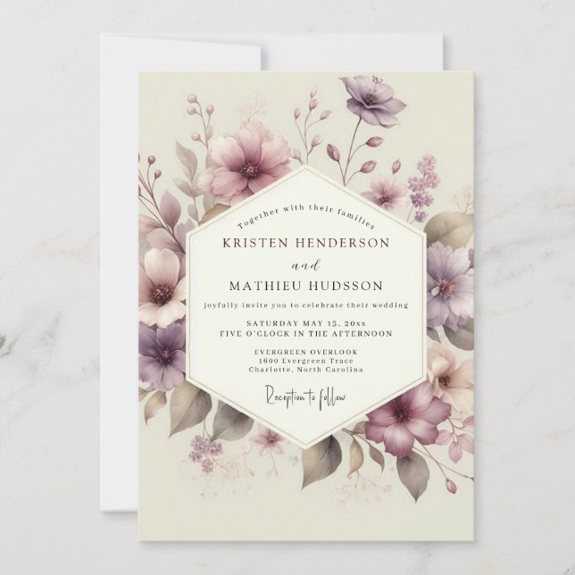 Mauve Watercolor Bloom Wedding Inbjudningar (Framsida)