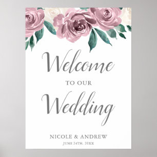 Mauve Watercolor Ro Blommigt Bröllop Välkommen Poster