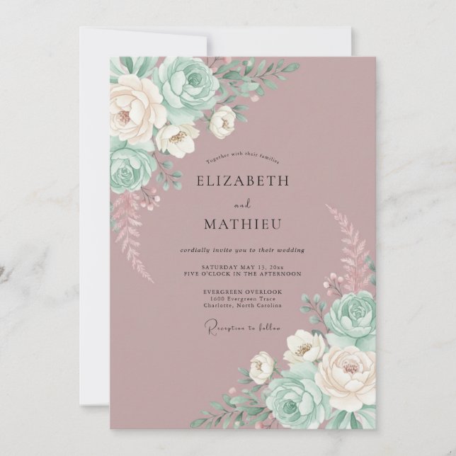 Mauve Whimsical Mint Blommig Bröllop Inbjudningar (Framsida)