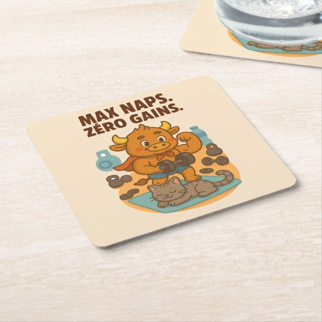 Max Naps, Zero Gains - Funny Bullio Gym Cat Underlägg Papper Kvadrat (Vinklad)