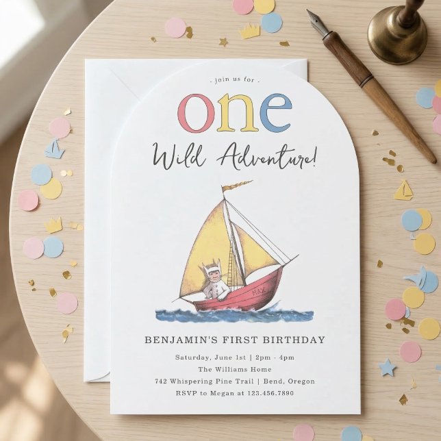 Max | One Wild Adventure 1st Birthday  Inbjudningar (Simulated invitation on table)