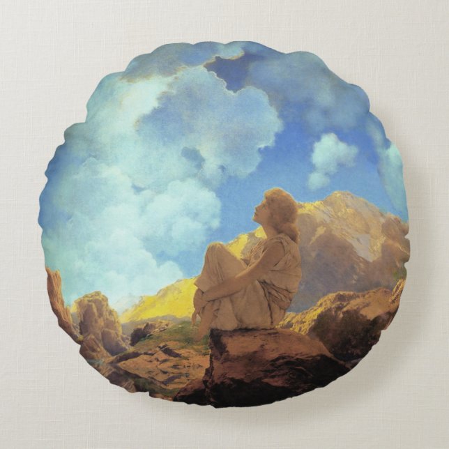 Maxfield Parrish Morgon 1922 Moln Blå Konstkopia Rund Kudde (Framsidan)
