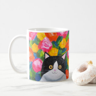 Maximal kattlycka Cute Tuxedo Cat Art-Blommigt Kaffemugg