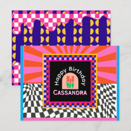 Maximalism Birthday Colorful Checkered Blommigt Vykort