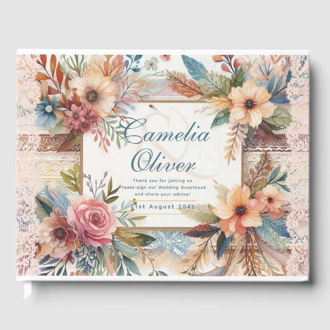 Maximalist Bröllop Vintage Blommigt Teal Gästböcker (Framsida)