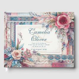 Maximalist Bröllop Vintage Blommigt Teal Gästböcker