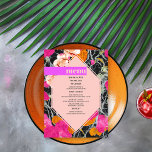 Maximalist Marled Modern Blommigt Bröllop Meny<br><div class="desc">Ljus rosa 6-sidig geometrisk form över rosa orange och persika modern blommigt med mörk marbleiserad design. Rosa "meny"-text över lila pub med svart text under.</div>