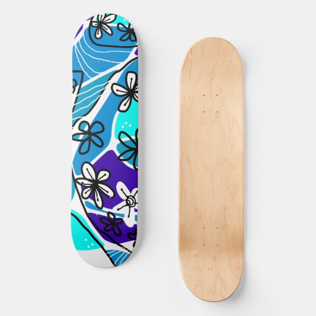 Maximalistisk Blommigt Neuro Art - Blue White Mini Skateboard Bräda 18,5 Cm (Framsida)