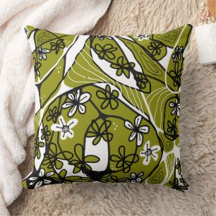 Maximalistisk Blommigt Neuro Art - Olive White Kudde