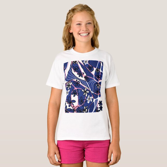 Maximalistisk blomster Neuro Art - Blå Rosa Vit  T Shirt (Hel framsida)