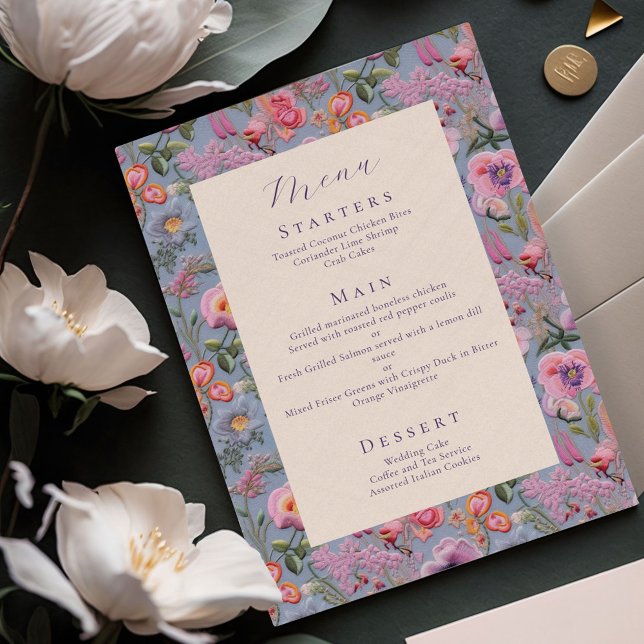 Maximalistisk botanisk broderad bröllop meny (Skapare uppladdad)
