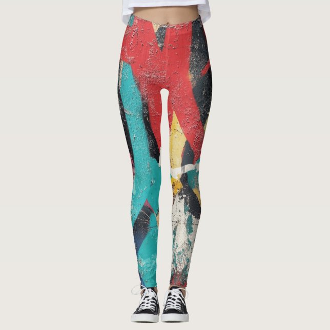 Maximalistisk graffiti med röda gula blå stänk leggings (Framsida)