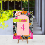 Maximalistisk modern marmorerad Blommigt Bröllop Bordsnummer<br><div class="desc">Ljus rosa bågform över rosa orange och persika modern blommigt med mörk marbleiserad design. "bord" i shock rosa över den inre gulten pub. tal är shock rosa.</div>